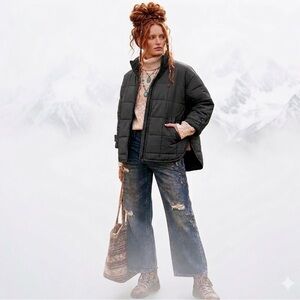 ROXY Boxy Black Quilted Zip-Front Jacket NWT L